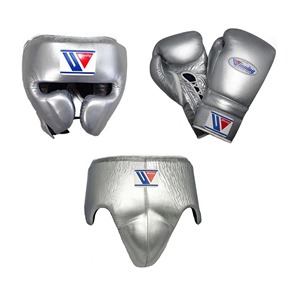 High Quality Winning Boxing Gear Set <b>Silver</b> PU Leather Headgear <b>Gloves</b> Groin Guard Sparring Training Adults Lace-up Breathable - Product Image 1