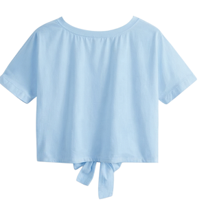 T-shirt court respirant pour femme, col rond décontracté, manches courtes en coton, tendance et élégant, imprimé uni - Product Image 2