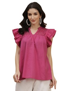 Women's Pink Cap Sleeve Blouse With Ruffles V-<b>Neck</b> Loose Fit Cotton <b>Top</b> Casual Spring Summer Wear - Product Image 1