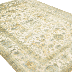 Alfombra Oushak de Lana Anudada a Mano, Color Crema, Verde Salvia y Dorado Suave, con Medallón Floral, de Pelo Corto, Estilo Vintage para Sala de Estar - Product Image 4