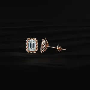 <b>Emerald</b> Cut Diamond <b>Stud</b> <b>Earrings</b> with Twisted Rope Frame Rose Gold Diamond Jewelry Daily Wear Diamond <b>Earrings</b> for Sale Export - Product Image 3