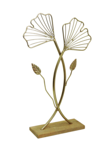 Sculpture en aluminium doré en forme de feuille de Ginkgo Biloba sur socle en bois - Décoration élégante en métal en forme de branche d'arbre pour la table, idéale pour une maison moderne - Product Image 2