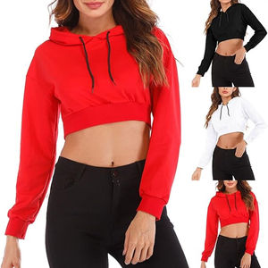 Sweat-shirt à capuche court pour femme de qualité supérieure avec empiècements confortables à manches longues, couleur bordeaux, à prix abordable - Product Image 3