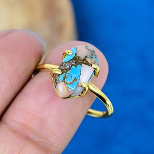 Natural Pink <b>Opal</b> Copper Turquoise Hexagon Shape Gemstone <b>Ring</b> 18k <b>Gold</b> Micron Over 925 Sterling Silver - Product Image 3
