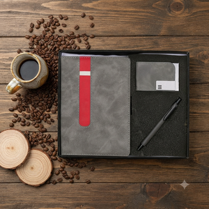 Aurelux Luxury Corporate Gift Set Premium Grey Leather Case Bound Diary 192 Pages Executive <b>Business</b> <b>Card</b> <b>Holder</b> Black Ballpoint - Product Image 6