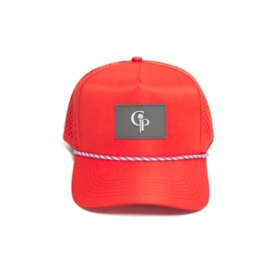 OEM Factory Breathable Quick Dry Sweat Wicking Rope Golf Hats 5 Panel <b>Back</b> Buckle Custom Rubber PVC <b>Patch</b> Logo Curved Brim Cap - Product Image 1