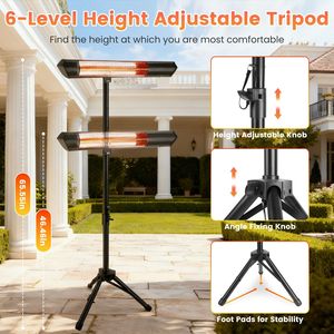 Riscaldatore a Infrarossi Impermeabile IP65 per Interni ed Esterni, Riscaldamento Rapido a 3 Velocità, Pronto in 3 Secondi, Altezza Regolabile, Supporto a Treppiede o Montaggio a Parete, per Patio - Product Image 2