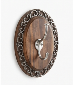 Vintage Wooden Wall Mounted <b>Hook</b> With Ornate Metal Frame And Single Silver <b>Hook</b> For Clothing Storage Stylish Home Accent - Product Image 1