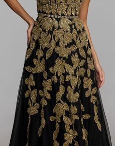 Elegant A-Line Evening <b>Gown</b> Black Gold Floral Embroidery <b>Floor</b>-<b>Length</b> Polyester Natural Waistline Anti-Wrinkle Party Dress - Product Image 4