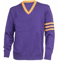 Cardigan tricoté personnalisable violet à col en V pour homme avec bordure jaune, logo frontal, manches longues, décontracté pour l'automne