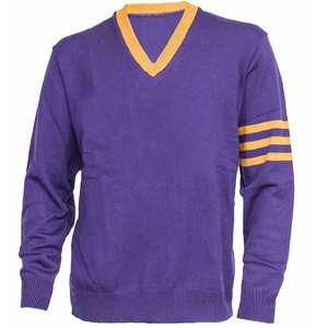 Pull tricoté violet pour homme à col en V avec bordure jaune et rayures sur les manches, manches longues, décontracté, automne - Product Image 1