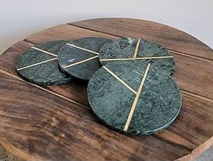 FAIZA CRAFT Solid <b>White</b> Real Marble <b>Coasters</b> with Brass Inlay Non Slip Felt Padded Sealed Modern Luxury Eco-Friendly Set - Product Image 2