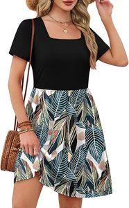 Vestidos de Verano para Mujer 2025, Manga Corta, Cuello Cuadrado, Vestidos Casuales con Bolsillos, Corte en A, Bloques de Color - Product Image 4