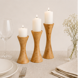 Hot Selling Handcrafted Solid Mango Wood Pillar Candle Holder Set Elegant Curved Rustic Candle Stand For Home Wedding Centertop - Product Image 2