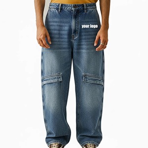 กางเกงยีนส์เดนิมปักลายโลโก้แบบกำหนดเอง กางเกงยีนส์ทรงหลวมขากว้างพิมพ์ลายด้วยมือ กางเกงฮิปฮอปสตรีทแฟชั่นสำหรับผู้ชาย - Product Image 4