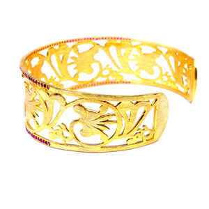 Luxury 24K Solid Gold <b>Cuff</b> <b>Bracelet</b> With Ruby Channel Setting Plant Pattern Women's Party Jewelry - Product Image 6