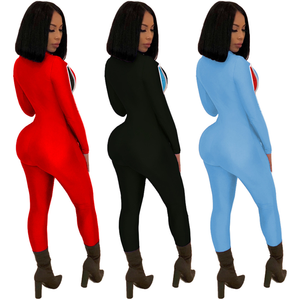 Combinaison longue femme color block à manches longues, taille haute, coupe ajustée, col en V, fermeture éclair sur le devant, style club, en Spandex et Polyester, longueur intégrale - Product Image 4