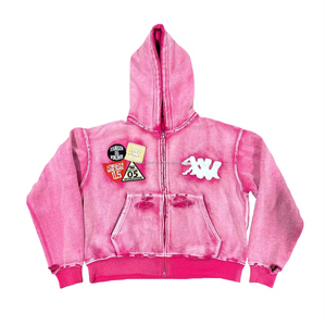 Sudadera con capucha con cremallera y lavado con ácido térmico pesado desgastado recortado ropa de calle personalizada de alta calidad - Product Image 1