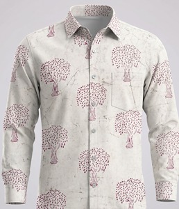 Handmade Hand Drawn Print Batik Fabric Striped Floral Formal Half Sleeve Shirt for Men Eco-Friendly Breathable - Product Image 1