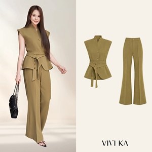 Ensemble blazer élégant pour femme, col mandarin, marron olive, avec haut ceinturé et pantalon évasé, costume deux pièces pour femme de bureau, NELLY - Product Image 1