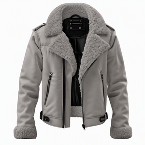 Veste moto en cuir PU vert pour homme avec doublure en fausse fourrure, coupe-vent, vêtement d'extérieur d'hiver, coupe régulière, fermeture éclair - Product Image 3