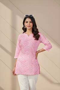 Tunique pour femme en mélange de coton à imprimé chevron rose, longueur normale, col rond, manches trois quarts, entièrement cousue, vêtement décontracté, haut fantaisie - Product Image 6