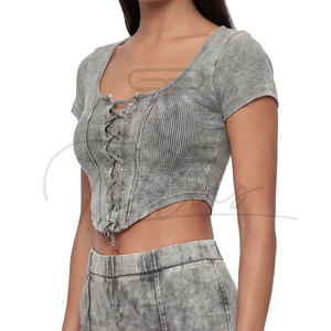 Top Corto de Algodón con Lavado Ácido para Mujer, de Alta Calidad, Nuevo y Elegante, Transpirable, Diseño Único con Cordones, Ropa de Verano Tellus, Venta al Por Mayor en Línea - Product Image 4