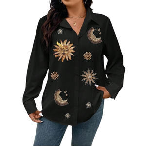 Chemises décontractées tendance pour femmes 2026, en patchwork, en coton simple, à manches longues, col rabattu, broderie soleil et étoiles, respirantes - Product Image 3