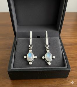 Pendientes Colgantes de Plata de Ley 925 con Piedra Lunar Arcoíris Tibetana y Engaste de Bisel, Hechos a Mano, Estilo Bohemio, con Gema, para Mujer - Product Image 1