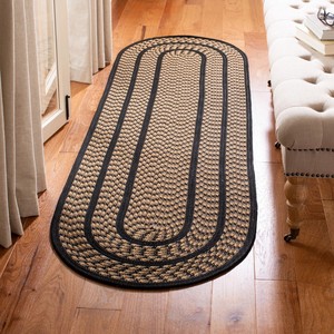 Oval Braided Jute Area <b>Rug</b> with <b>Black</b> Striped Border Non-Slip Rubber Backing for Hallway Home Decor Farmhouse Style - Product Image 1