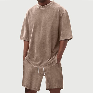 Men Stylish Summer Outfit T Shirt Acid Wash Shorts <b>Set</b> Cotton Casual Loose Fit Matching <b>Set</b> - Product Image 3