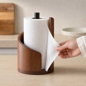 Porte-serviettes en papier sur pied en bois gris contemporain, design minimaliste, finition naturelle, boîte à mouchoirs - Product Image 5