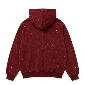 Sudadera con capucha y cremallera para hombre, color burdeos, con lavado ácido, estampado gráfico de estrellas, estilo oversize, ropa urbana, fabricante de ropa personalizada - Product Image 2