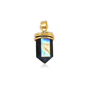 Pendentif crayon en labradorite naturelle, pointe de cristal enveloppée de laiton, bijou en pierre précieuse - Product Image 1