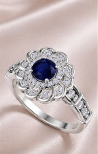 925 Sterling <b>Silver</b> Rhodium Plated Blue Sapphire CZ Floral Halo <b>Ring</b> Luxury Vintage <b>Statement</b> <b>Ring</b> for Women Cubic Zirconia Fine - Product Image 3