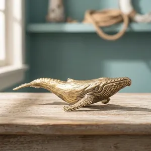 Escultura de ballena de latón hecha a mano, figura detallada de ballena jorobada, estatua de animal marino, decoración náutica costera para mesa del hogar - Product Image 1