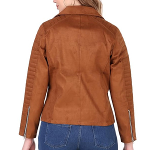 <b>Women's</b> Brown <b>Suede</b> Moto <b>Jacket</b> With Zipper Closure Full Sleeve Stand Collar Autumn Style - Product Image 3