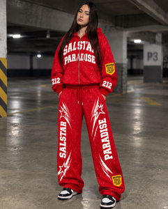 Premium Custom 2 Piece Tracksuit Set for Men <b>Red</b> Streetwear <b>Hoodie</b> Custom Rhinestone Printed Sportswear Tracksuit Manufacturers - Product Image 3
