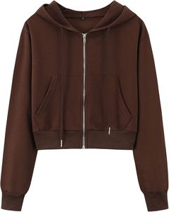 Sudadera con capucha corta negra para mujer, de manga larga, con cremallera, de color liso, de punto, para otoño - Product Image 2