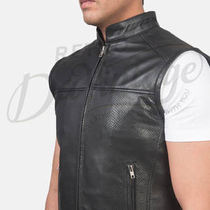 Chaleco Personalizado para Hombre, de Cuero Genuino Negro, Perforado, Corte Ajustado, Cuello Alto, Cierre de Cremallera, Sin Mangas, Transpirable - Product Image 4