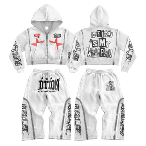 Ensemble de survêtement unisexe personnalisé avec sweat à capuche zippé et pantalon de jogging, coupe ample, effet vieilli, délavé à l'acide, évasé, imprimé, éco-responsable - Product Image 1