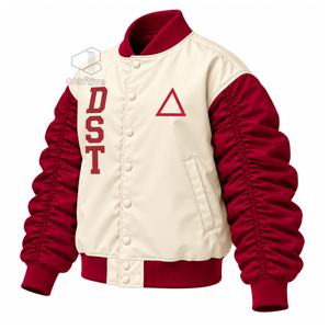 Delta | Sigma |   Chaqueta universitaria Theta para mujer con bloques de color, botones frontales con letras griegas, mangas abullonadas fruncidas, estilo bomber. - Product Image 2