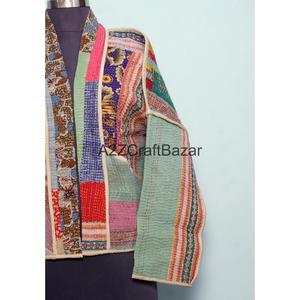 Veste à col roulé boutonnée en coton 100% pour femme, tricotée à la main, réversible, écologique, respirante, séchage rapide, style vintage Kantha - Product Image 2