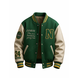 Veste universitaire tendance, écologique, imperméable, verte, avec lettres personnalisées et patchs brodés, streetwear unisexe, logo frontal - Product Image 1