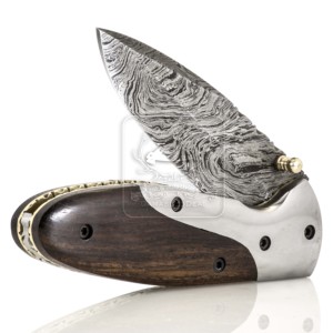 Wholesale Custom Stainless Steel Bolsters Walnut Wood Handle Damascus Steel Drop Point Pocket Knife Cow Leather Sheath Handmade - Product Image 1