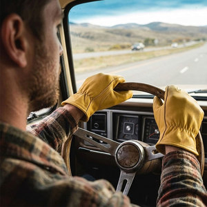 Goat Grain Leather Heavy Duty Anti-Slip <b>Driver</b> AbrasionResistant <b>Gloves</b> Shirred Elastic Outdoor Work Multifunctional Warehouse - Product Image 4