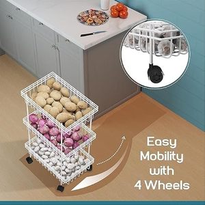 Estante de Almacenamiento de Alambre de Tres Niveles con Ruedas para Organización de Alimentos en la Cocina, Diseño Minimalista, Tipo Vertical - Product Image 4