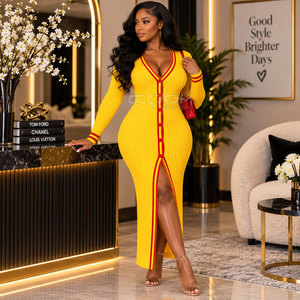 Cosh International Sorority Sisterhood Yellow Knitted Long Sleeve V-Neck <b>Cardigan</b> Dress With Front Slit And <b>Button</b> Closure - Product Image 3