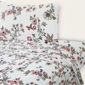 Juego de sábanas y 2 almohadas Chirpy Dawn, sábana plana de algodón con estampado floral moderno, 150 hilos - Product Image 1