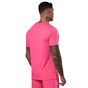 ชุดเสื้อยืดและกางเกงขาสั้นกีฬาโพลีเอสเตอร์สีชมพูสำหรับผู้ชาย ชุดออกกำลังกายแขนสั้น ชุดวิ่งออกกำลังกายน้ำหนักเบาระบายอากาศได้ดี - Product Image 2